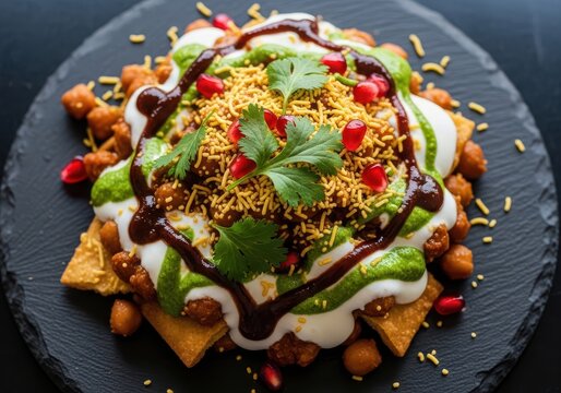 Delicious indian street food chaat with chickpeas and yogurt