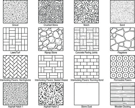 Architectural CAD hatch pattern sheet, construction material textures with brick, concrete, paving, gravel, wood and technical fills for drafting, plans, sections and engineering drawings