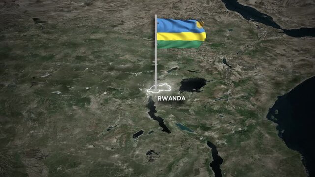 Rwanda Map Animation with 3D Waving of Rwanda National Flag and Glowing Border Animation on World Map