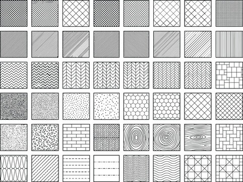 Architectural CAD hatch pattern vector set, construction material textures with brick, concrete, wood, tile and geometric fills for technical drawings, floor plans and engineering diagrams