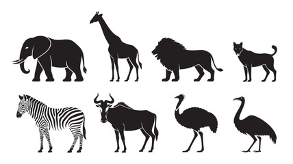 Naklejka premium Black silhouette collection of wild african safari animals including elephant giraffe lion and zebra