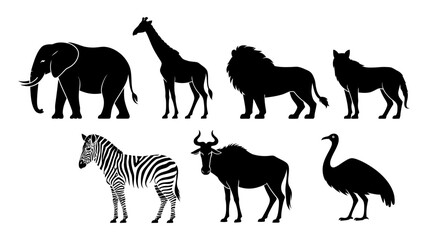 Naklejka premium Set of wild african animal silhouettes featuring elephant giraffe lion zebra and other exotic species
