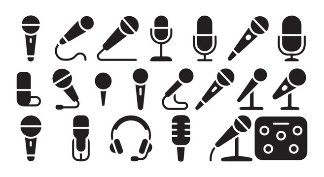 Various microphone styles and audio recording device icons.