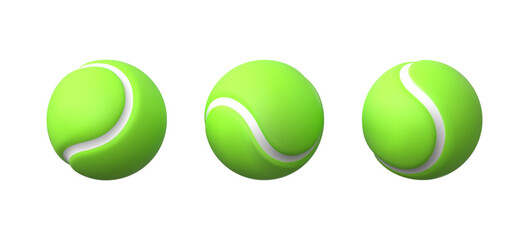Fototapeta premium Tennis ball realistic 3D vector icons set, sport equipment for lawn tennis game, green small ball with white curve lines