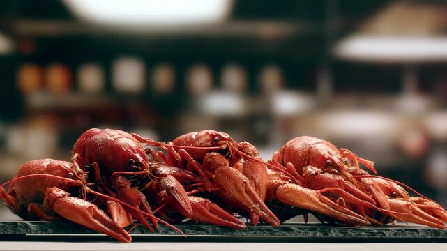 Boiled European crayfish Astacus astacus river seafood freshwater cooked crustacean, noble crayfish, or broad-fingered crayfish, traditional food source.