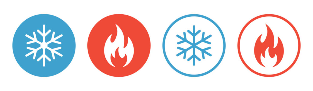 Hot and cold icon vector set featuring fire and snowflake symbols, heating and cooling temperature control button interface design, clean modern HVAC thermostat