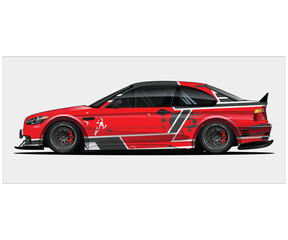 Fototapeta premium Red sports car with racing stripes on side panel