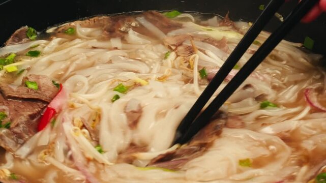 Vietnam traditional pho bo soup on delivery, Beef noodles. Pho Bo Soup with beef, rice noodles, ginger, lime, chili pepper in bowl. Vietnamese cuisine. Pho Noodle Soup restaurant Close-up.