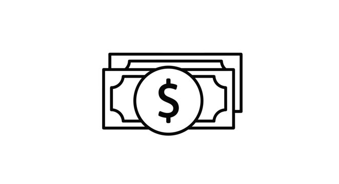 Minimalist black outline icon of a stack of United States dollar bills with a prominent currency symbol in a circle.
