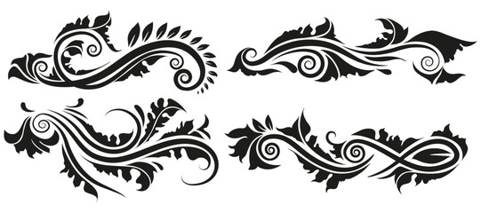 Fototapeta premium Vintage black tribal tattoo swirl design with floral ornaments, abstract background, and decorative vector illustration elements