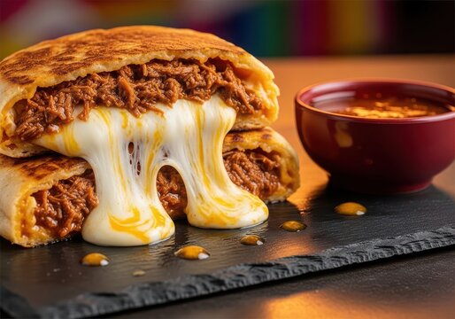 Gourmet birria quesadilla with melted cheese and consom dip