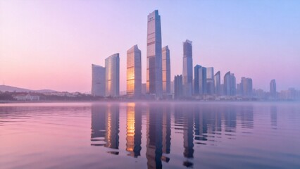 Obraz premium City skyline at sunrise with water reflection