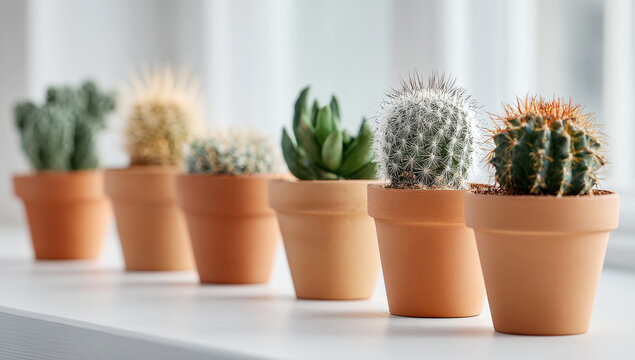 Row of small potted cactus and succulent plants lining a window, bringing nature and greenery indoors