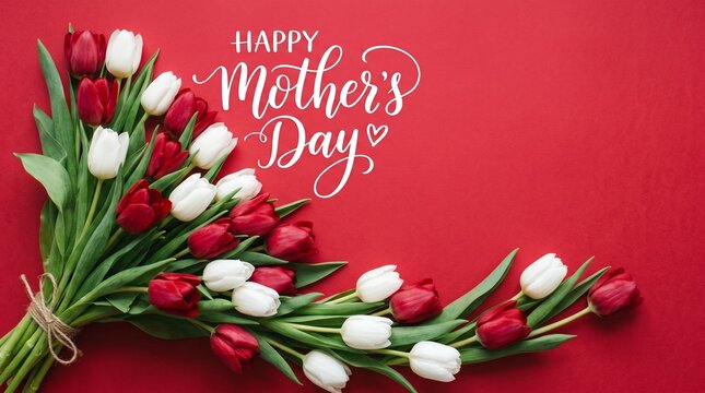 Beautiful bouquet of fresh red and white tulips arranged elegantly on a vibrant red background celebrating the special occasion of a lovely happy mothers day
