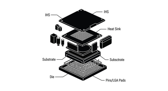Computer processor components exploded view silhouette high quality professional detailed modern
