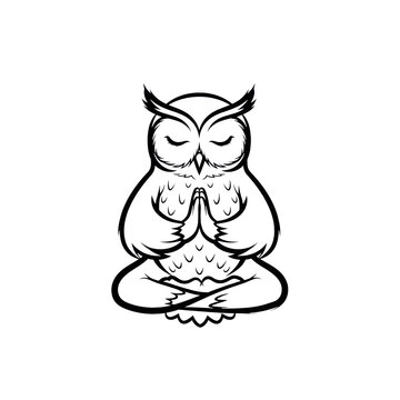 a stylized black ink brushstroke owl sitting in a lotus meditation pose with wings in a namaste gesture on a stark white background, depicting mindfulness concept
