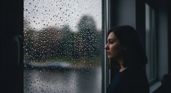 Woman looking out rainy window, profile view looking out window