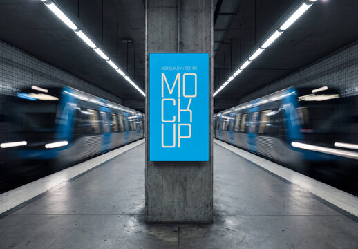 Subway Station Vertical Billboard Mockup with Motion Blur Trains