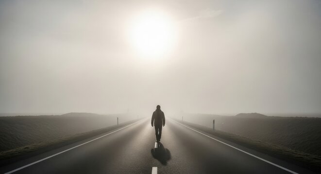 Man walking alone on a deserted road, foggy landscape with sun