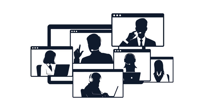 Group video call with people in windows dark silhouette high quality