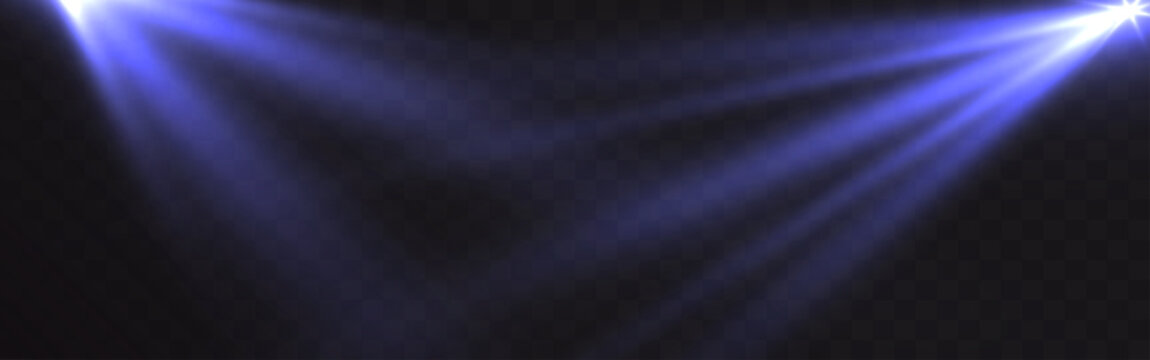 Blue glowing spotlight rays with dramatic illumination isolated on transparent background for stage, presentation and cinematic design.
