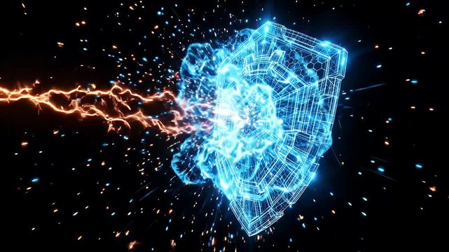 A futuristic blue wireframe shield, designed with geometric patterns, actively blocks a powerful orange energy blast.
