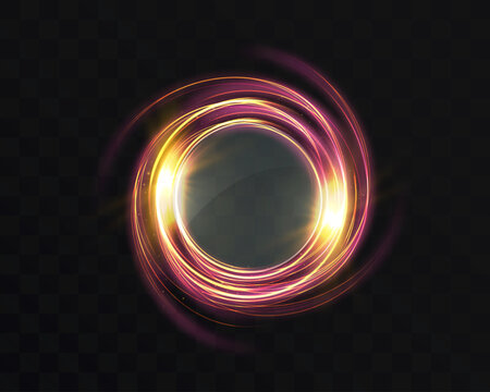 Glowing golden neon energy ring with circular light trails isolated on transparent background for futuristic and fantasy design projects.
