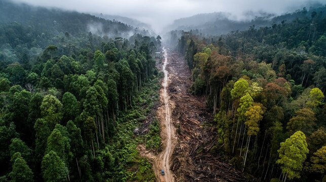 Aerial split image of rainforest deforestation, illustrating environmental damage, logging impact, biodiversity loss, and global climate crisis.