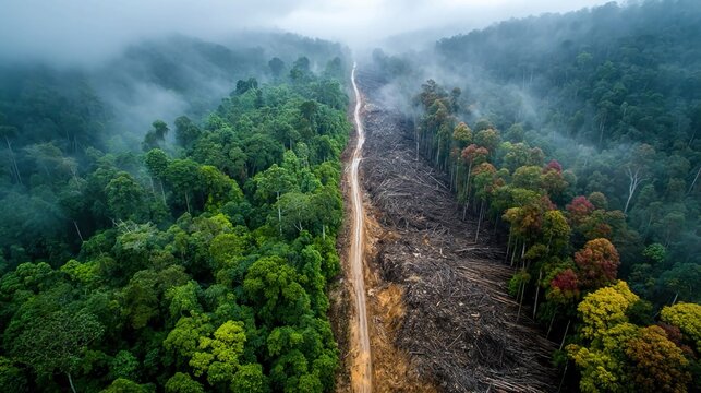 Aerial split image of rainforest deforestation, illustrating environmental damage, logging impact, biodiversity loss, and global climate crisis.