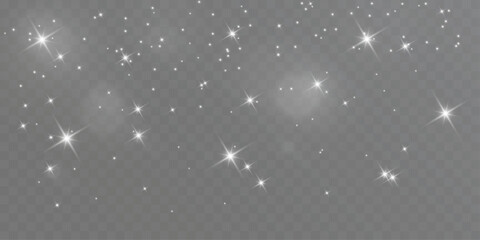 Fototapeta premium White glowing sparkles and shining star dust particles scattered on transparent background with magical light effect. 