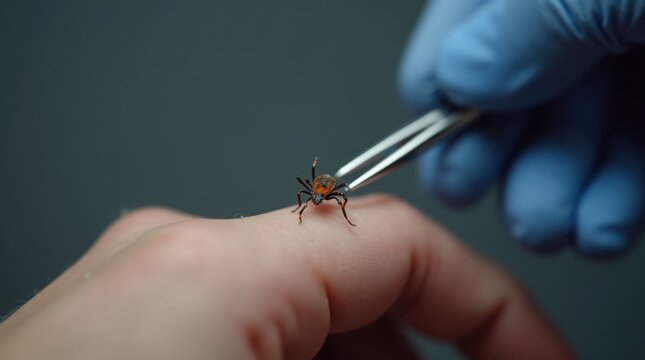 Doctor removes a tick from the hand of a patient using tweezers in a medical setting during an office visit 
