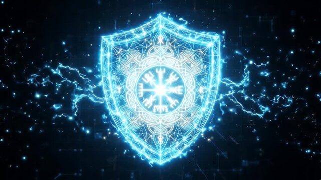 A vibrant blue digital wireframe shield, adorned with intricate ancient patterns, glows brightly at the center.