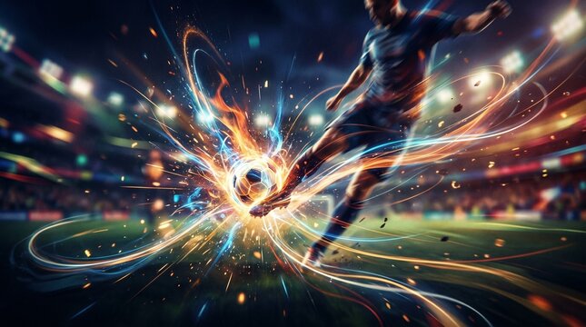 Futebolista chuta a bola com explos&atilde;o de cores e luzes.