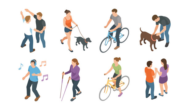 Isometric people outdoor activity set, active characters walking dogs and riding bicycles, urban lifestyle vector collection with 8 diverse human figures