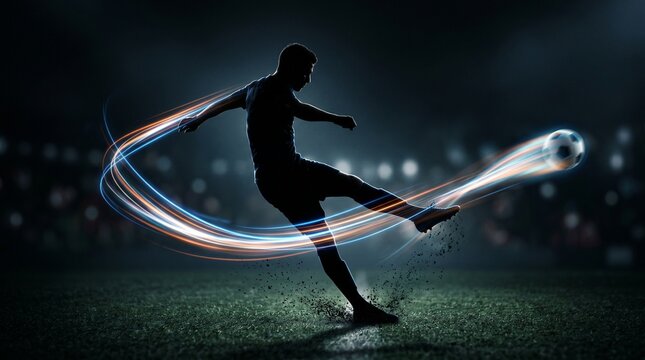 Futebolista em silhueta chutando a bola, com efeitos de luz coloridos.