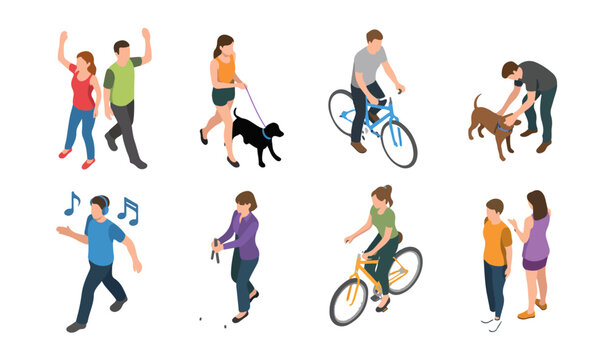 Isometric people outdoor activities set, 8 vector characters walking dogs and riding bicycles, active lifestyle figures for city park map