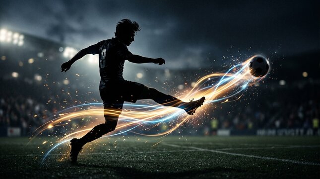Jogador de futebol chuta a bola com efeitos de luz energ&eacute;ticos.
