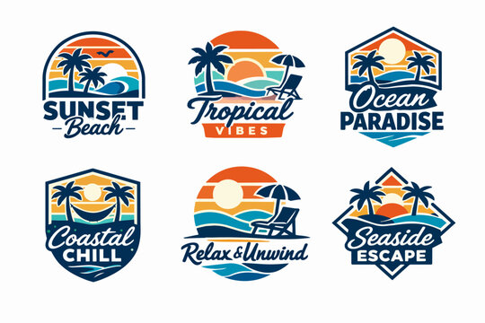 Collection of tropical beach vacation typography logos