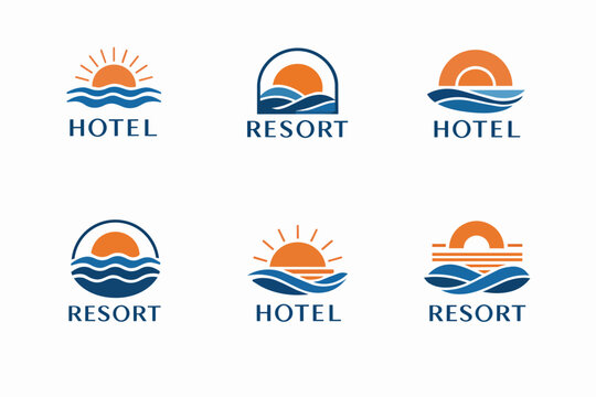 Hotel and resort logos with sun and waves