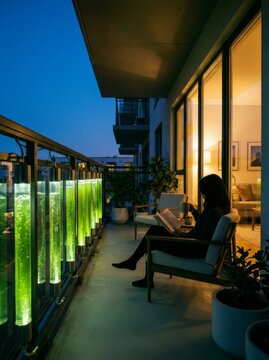 Futuristic apartment balcony with glowing green algae bio-reactors for clean air