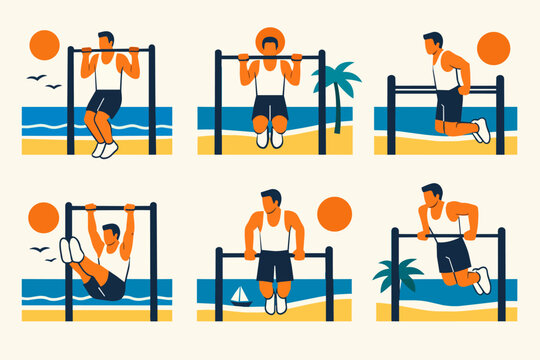 Men performing calisthenics exercises on beach bars