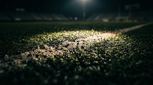 Linha de campo de futebol &agrave; noite sob holofotes.