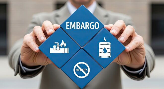 Businessman holding blue embargo signs with symbols for oil, money, and trade restrictions in a professional setting outdoors