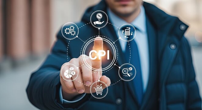 Businessman interacting with Consumer Price Index CPI digital interface with icons