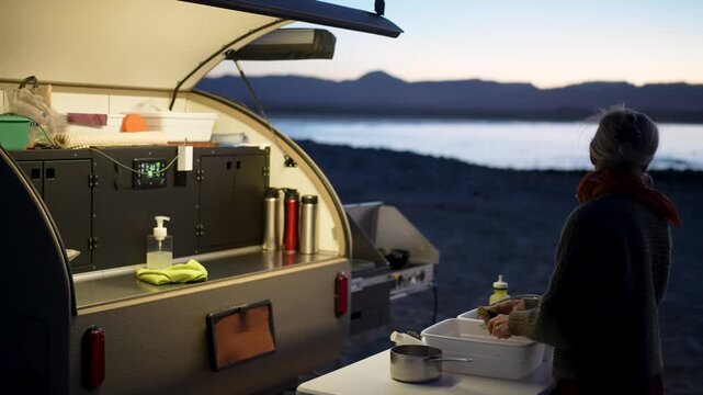 A woman does dishes by her teardrop camper trailer while camping on a beach in Baja California at sunset by the water.