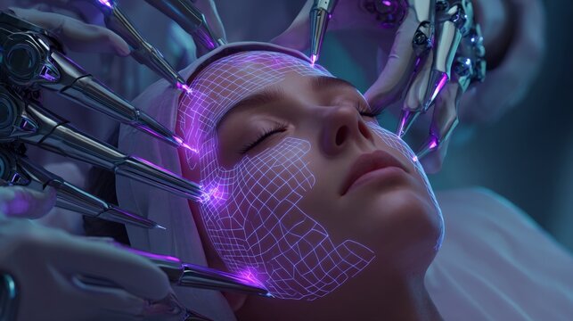 Cybernetic hands scan a human face with glowing purple grids. Eyes are closed, suggesting calm or surrender to the technology. Futuristic tools emit energy, mapping neural pathways on the skin