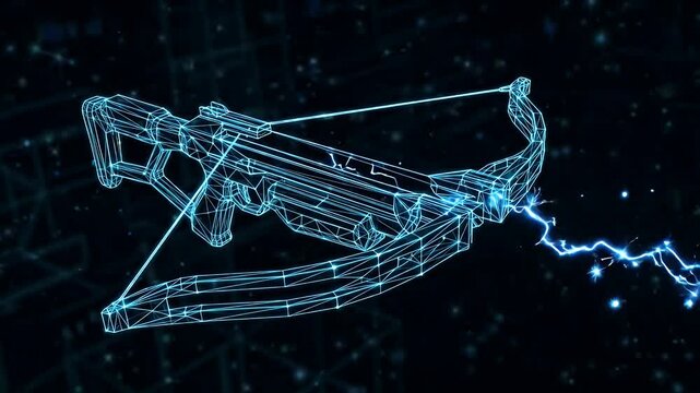 A glowing blue wireframe model of a futuristic crossbow discharges a powerful energy bolt against a dark, technologically intricate background.