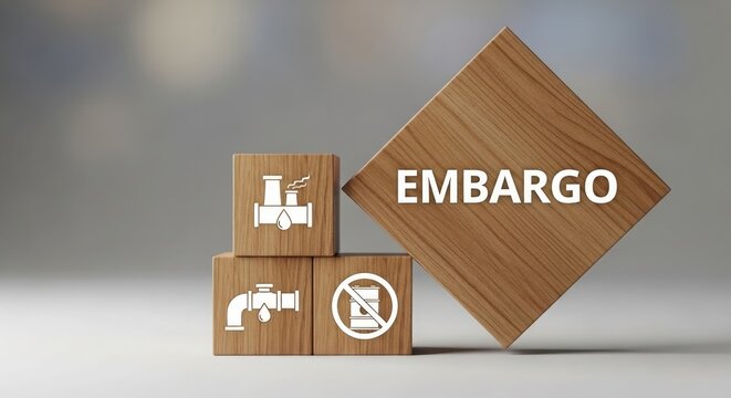Wooden blocks with embargo symbol and restrictions on trade and communication, representing economic sanctions and trade restrictions