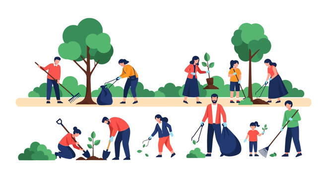 People Cleaning Park With Tools.