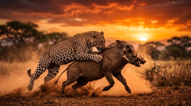 Leopard attacking warthog sunset african savanna dramatic scene 04